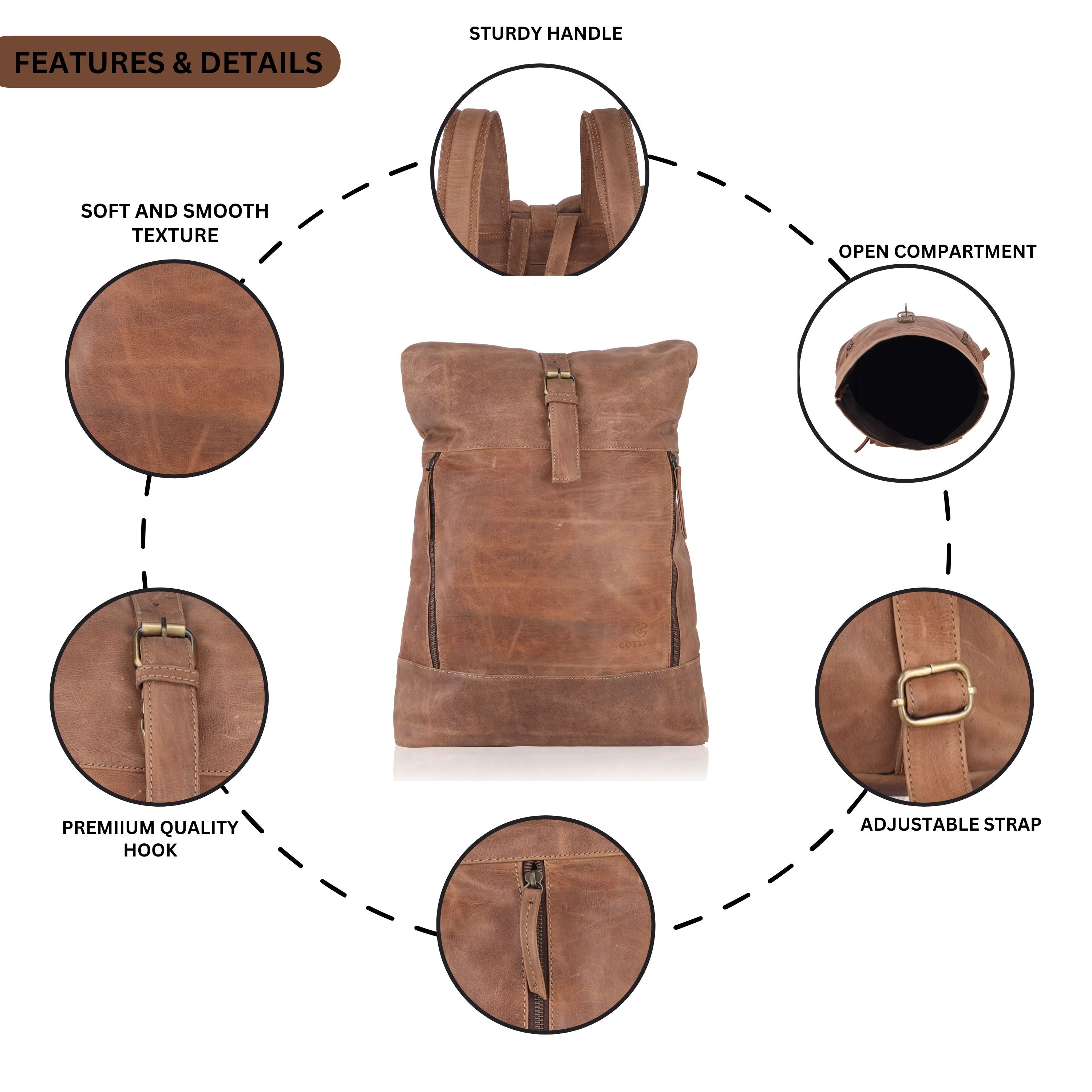 Brown Roll Top Leather Backpack